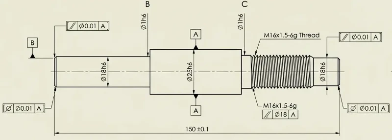 Technical CAD drawing showing dimensional tolerances for aluminum shaft machining Technical CAD drawing showing dimensional tolerances for aluminum shaft machining